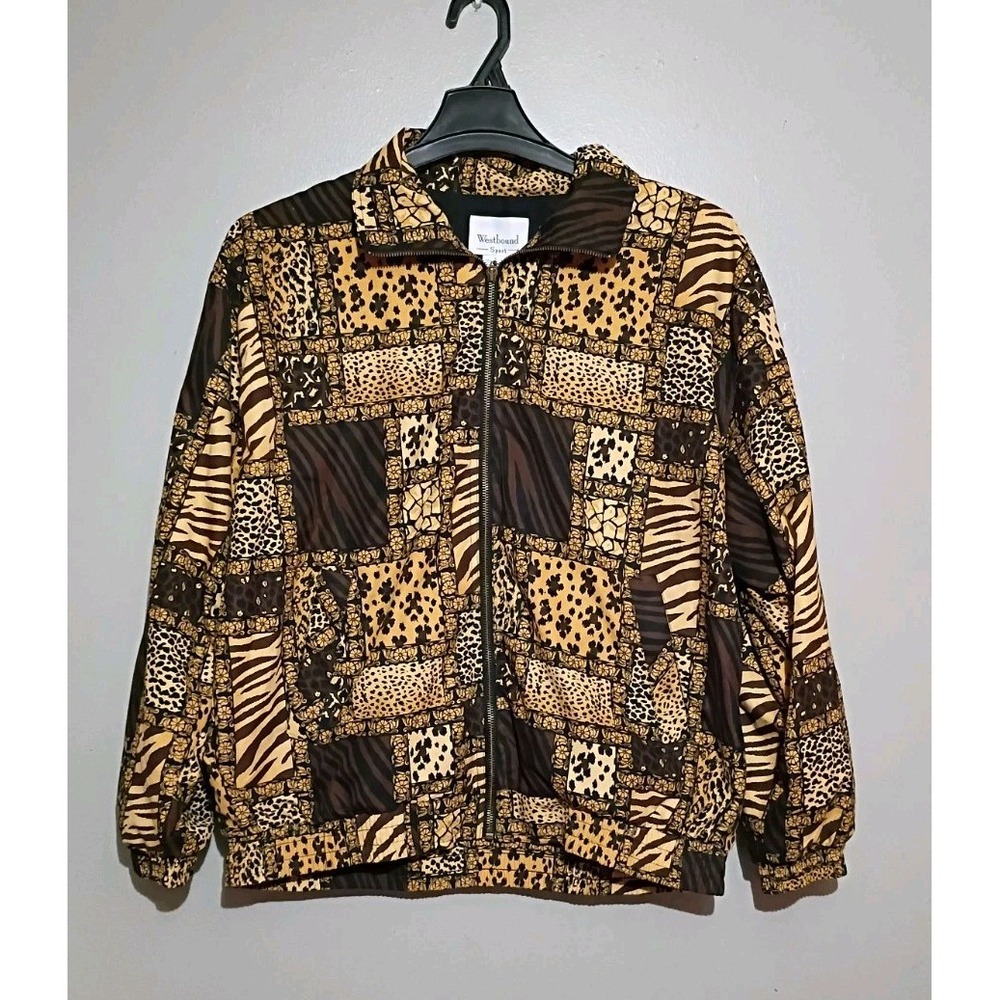 Westbound Petites Animal Print Jacket L | Vintage Safari Zip Windbreaker
